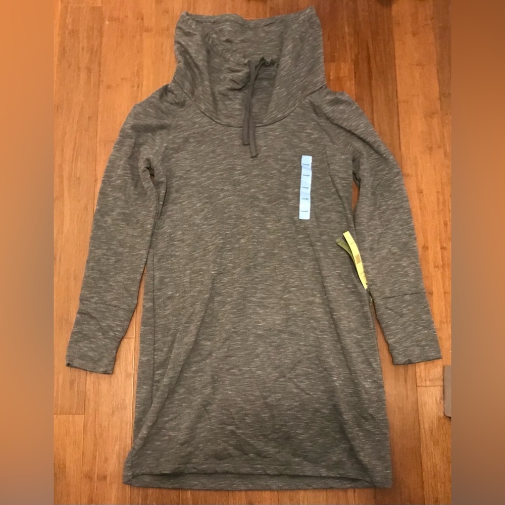 GREEN TEA NWT Sweatshirt Knit Tunic/Dress Drawstring Funnel Cowl Neck L